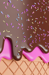 Chocolate and Strawberry Ice Cream Melted with Sprinkles on Wafer Background.,3d model and illustration.