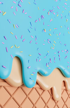 Mint and Vanilla Ice Cream Melted with Sprinkles on Wafer banner Background with copy space.,3d model and illustration.