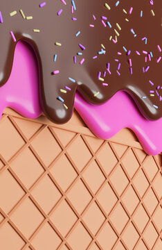 Chocolate and Strawberry Ice Cream Melted with Sprinkles on Wafer Background.,3d model and illustration.