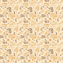 Accessories for knitting, crohet. Knitted clothes.  Illustracion. Seamless pattern for fabric, wrapping, textile,  wallpaper, apparel. Vector. 