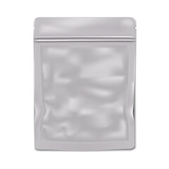 Blank sachet packet with zip lock and tear notches on white background vector mockup. Individual plastic wrapping bag for cosmetic, medical or food product mock-up. Template for design