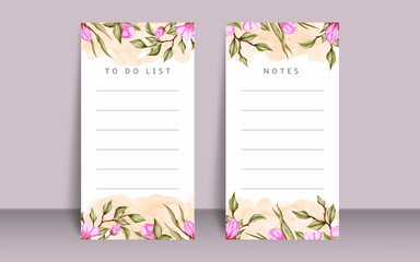 Set of notes to do list with hand drawn pink flowers and leaf