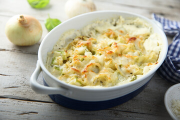 Homemade onion and cauliflower bake with cheese