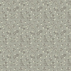 Seamless botanical pattern in gray, pale olive and cream. 