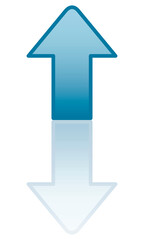 Up arrow icon. Color icon with reflection on the ground of a blue arrow.