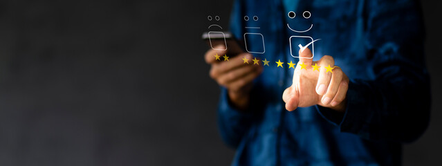 Customer pressing happy and five stars icon  for feedback review satisfaction service	and copy...