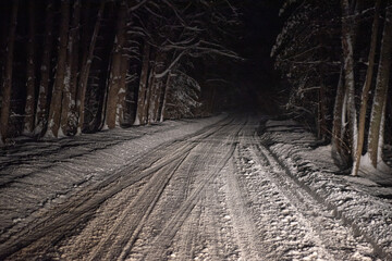 night winter landscape in the headlights from the car.winter travel