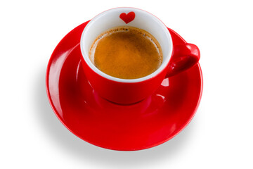 coffee espresso in red cup with little heart isolated on a white background, clipping path