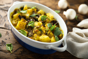Homemade potato bake with mushroom and spinach