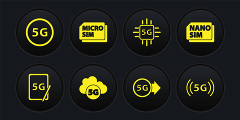 Set Graphic tablet with 5G, Nano Sim Card, Cloud network, Processor, Micro, and icon. Vector