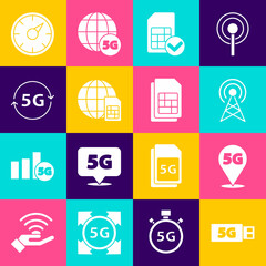 Set 5G modem, Location network, Antenna, Sim card, Globe Card, Digital speed meter and icon. Vector