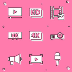 Set Online play video, Hd movie, tape, frame, Play Video, Screen tv with 8k, 4k Ultra HD, Media projector, Megaphone and icon. Vector