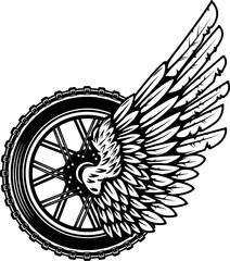 Winged wheel in monochrome style. Design element for logo, label, sign, emblem. Vector illustration - 480145155