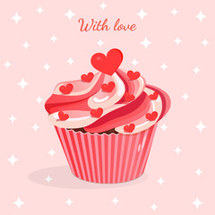 Sweet pink cupcake with hearts. Vector illustration of cupcake icon for postcard, textile, decor, poster, banner. Greeting card for Valentine's Day and other holidays.