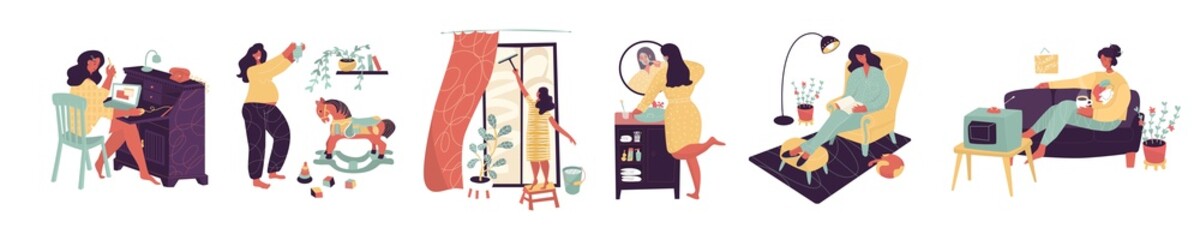 Woman at home situations. Pregnant, Washing window, Work at home, freelancer, cleaning, childish room, wood horse, bathroom, reading books. Vector illustration. Social media design. Isolated.