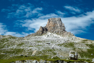 Toblin Tower in Tre Cime dolomite national park, Italy, Trentino Alps