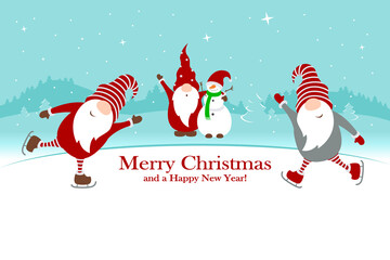 Christmas card "Merry Christmas and Happy New Year" with cute Christmas gnomes on a skating rink with a mountain landscape. Vector illustration