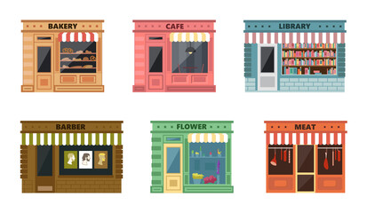 Set of shops facade on white background. Vector shops bakery, cafe, library, barber, flower and meat in flat style.