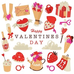Banner with collection All lovers Day elements. Quote Happy Valentines Day. Chocolate, champagne, cupcake, ice cream, strawberry, Lollipop. Flat style in vector illustration. Isolated elements.