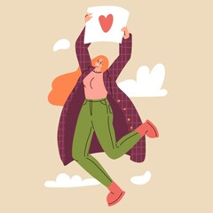 Happy girl in winter wear showing poster with heart. Flat style in vector illustration. Pleasure of life. Isolated character. Woman in seasons. Greeting card or social media avatar.