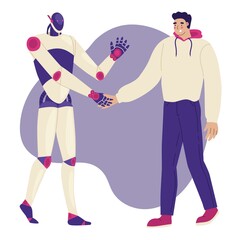 Android shakes hands with a person. Robot and human, team work. Work with data. Futuristic Artificial intelligence concept. Cybernetic in vector illustration. Isolated elements. Flat style.