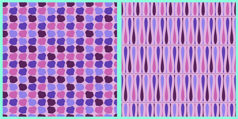 Set of vector seamless abstract patterns. Geometric shapes in pastel purple and pink on an isolated background. 