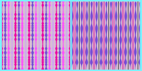 Set of vector seamless abstract patterns. Graceful stripes of various thicknesses and shapes in pastel purple and pink, on an insulated background. 
