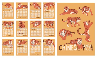 Chinese Bengal Tiger 2022 Calendar. Flat style in vector illustration. Week starts on Monday. Pages of months and one cover page. Chinese new year symbol. Oriental Zodiac talisman. A3 format.