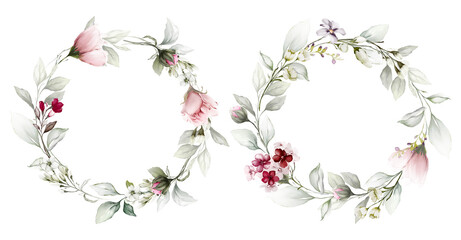 Set of spring wreaths on a white background in a watercolor style - 480146520