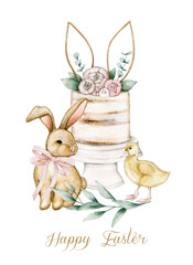 Watercolor illustration card happy easter with bunny, cake, chick. Isolated on white background. Hand drawn clipart. Perfect for card, postcard, tags, invitation, printing, wrapping.
