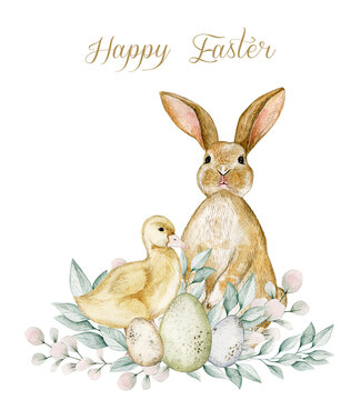 Watercolor illustration happy easter card with bunny, chick, eucalyptus, eggs. Isolated on white background. Hand drawn clipart. Perfect for card, postcard, tags, invitation, printing, wrapping.