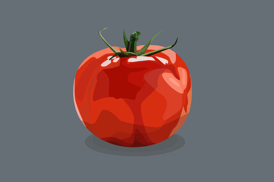Red juicy tomato with green leaves.