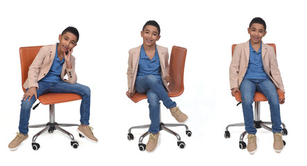 Obraz premium set of same boy who is sitting on a chair looking at camera on white background