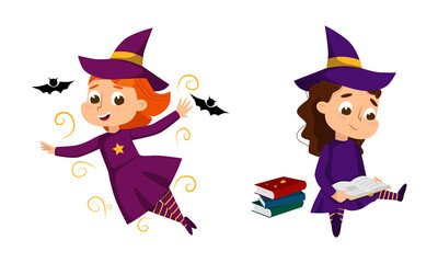 Happy Girl Witch in Dress and Pointed Hat Casting Spell Practising Witchcraft and Doing Magic Vector Set