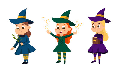 Happy Girl Witch in Dress and Pointed Hat Casting Spell Practising Witchcraft and Doing Magic Vector Set