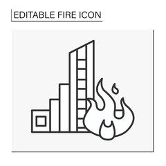  Fire line icon. Skyscraper building on fire.Flames spread on property. Disaster concept. Isolated vector illustration. Editable stroke