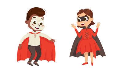 Funny Boy and Girl Dressed in Halloween Dracula and Vampire Costume Vector Illustration Set