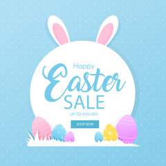 Happy easter, discount template, with bunny ears and easter eggs, blue color. Vector illustration.