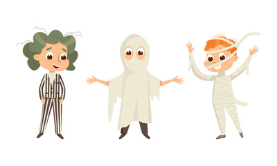 Funny Boy Dressed in Halloween Ghost and Mummy Costume Vector Illustration Set