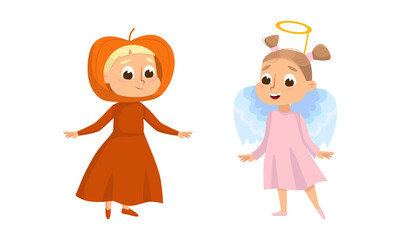 Funny Girl Dressed in Halloween Angel and Pumpkin Costume Vector Illustration Set