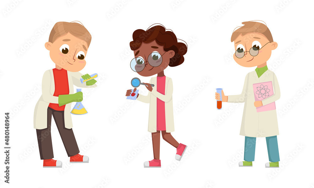 Sticker funny boy and girl in laboratory coat making research with chemicals in glass flask vector illustrat