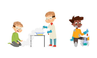 Funny Boy in Laboratory Making Research with Chemicals in Glass Flask Vector Illustration Set