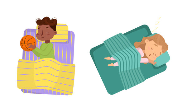 Little Boy and Girl Sleeping Sweetly on Soft Pillow Under Blanket in Their Bed Vector Set