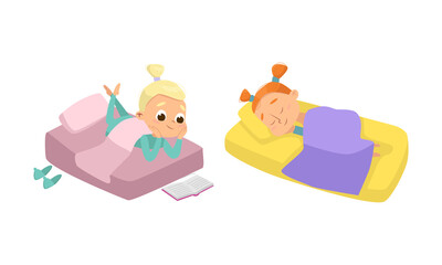 Little Girl Sleeping Sweetly on Soft Pillow Under Blanket in Bed and Reading Book Vector Set