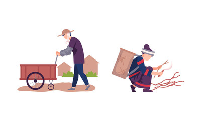Asian Male and Female Farmer Gathering Brushwood and Pushing Trolley Vector Illustration Set