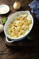 Homemade onion and cauliflower bake with cheese
