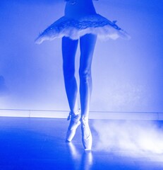 Ballerina with long legs posing in blue light