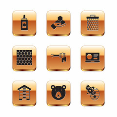 Set Jar of honey, Hive for bees, Bear head, Honey dipper stick with, Honeycomb, and and hand icon. Vector