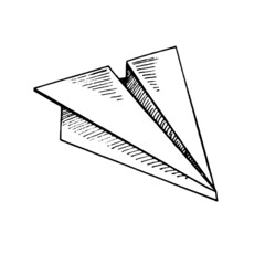 Obraz premium A hand-drawn ink sketch of a paper airplane. Outline on a white background, vintage vector illustration. Vintage sketch element for labels, packaging and cards design.
