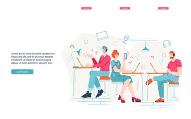 Telemarketers giving support or consultation to customers and service users. Helpdesk or call center. Virtual sales management team in call center, telemarketing website page, vector illustration.